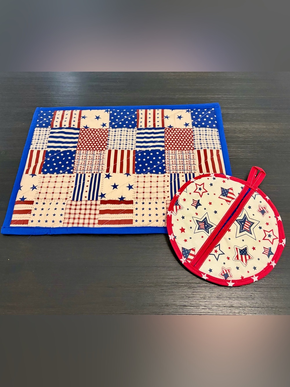 Patriotic Quilted Hot Pad and Pot Holder Set - Red, White & Blue
